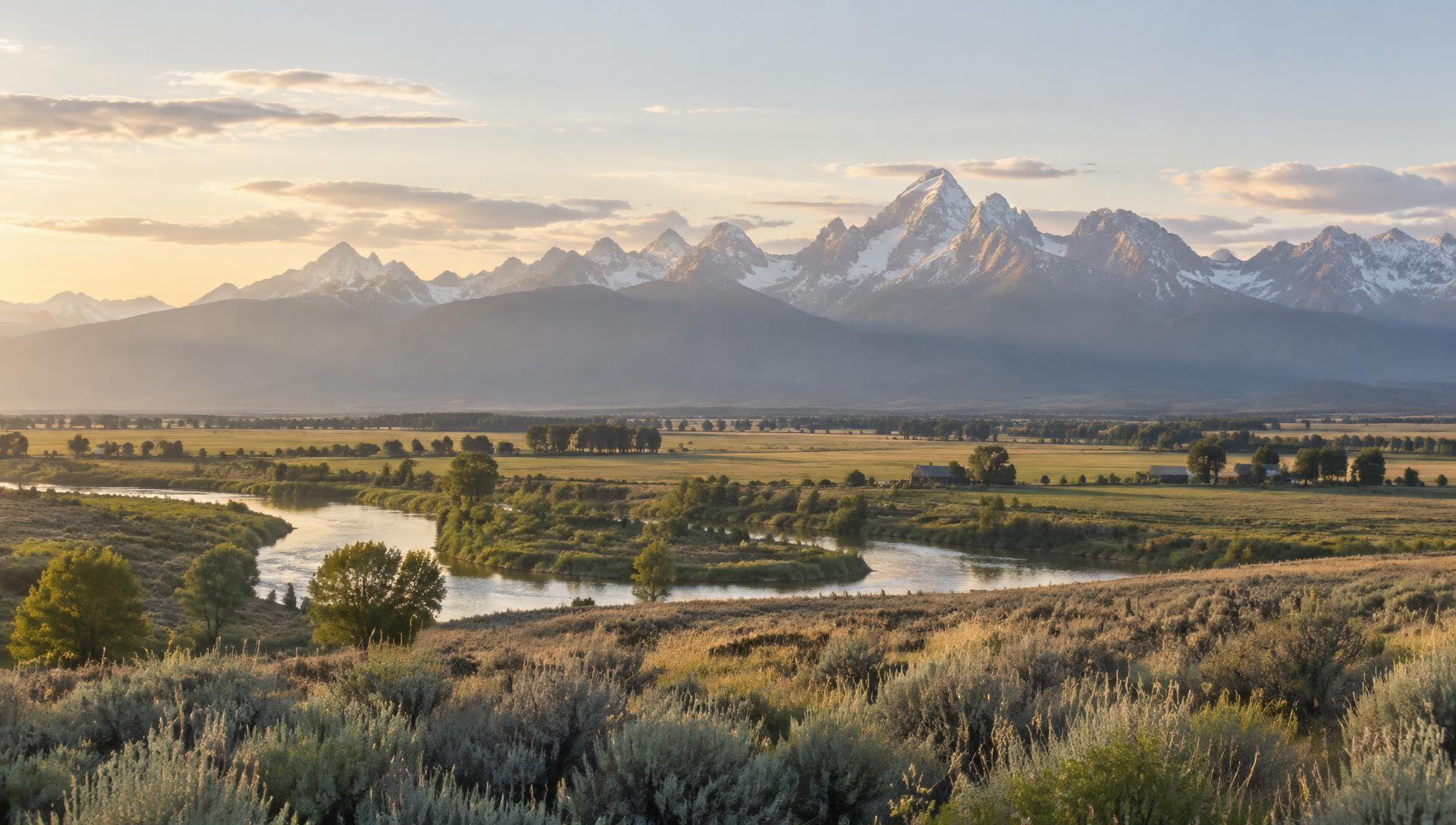 Farmland valley with a winding river and mountains at sunrise in eastern Idaho